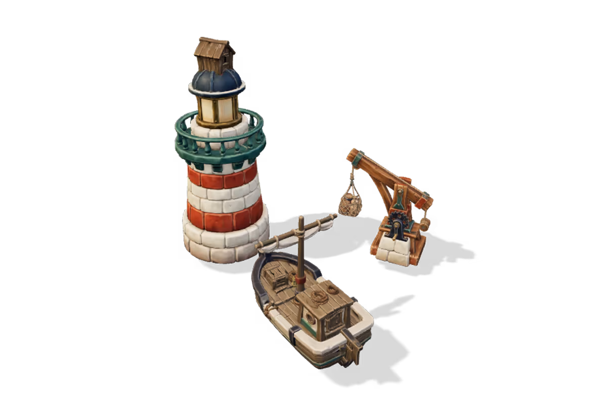 Harbour composition: Lighthouse, Fishing boat, Dock crane