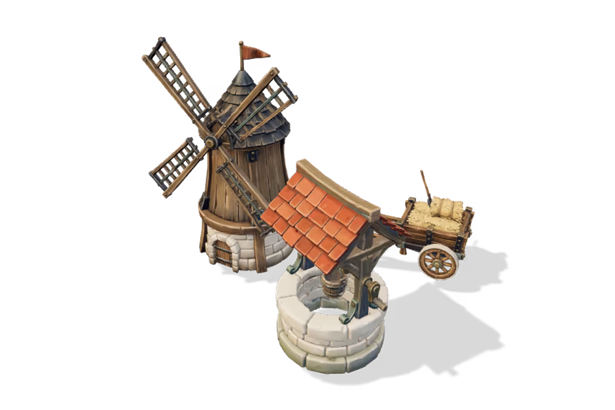 Village composition: Windmill, Stone well, Hay wagon
