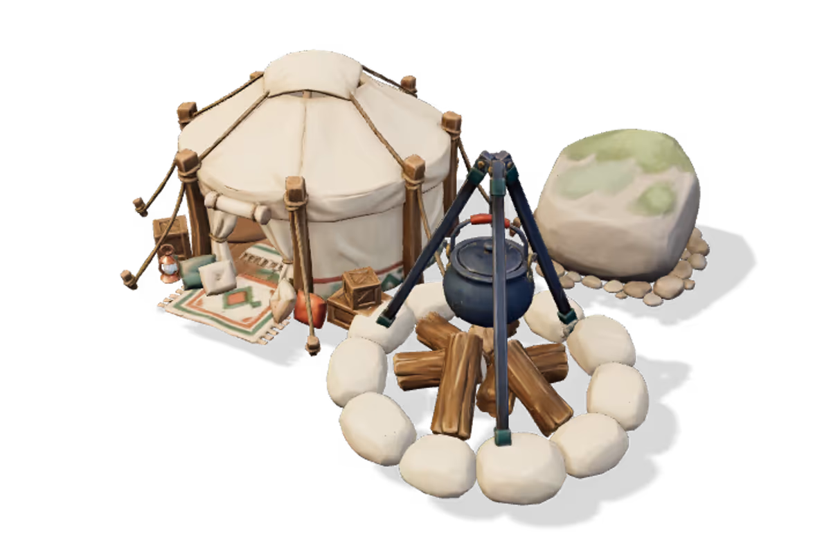 Woodland composition: Tent, Campfire, Mossy boulder